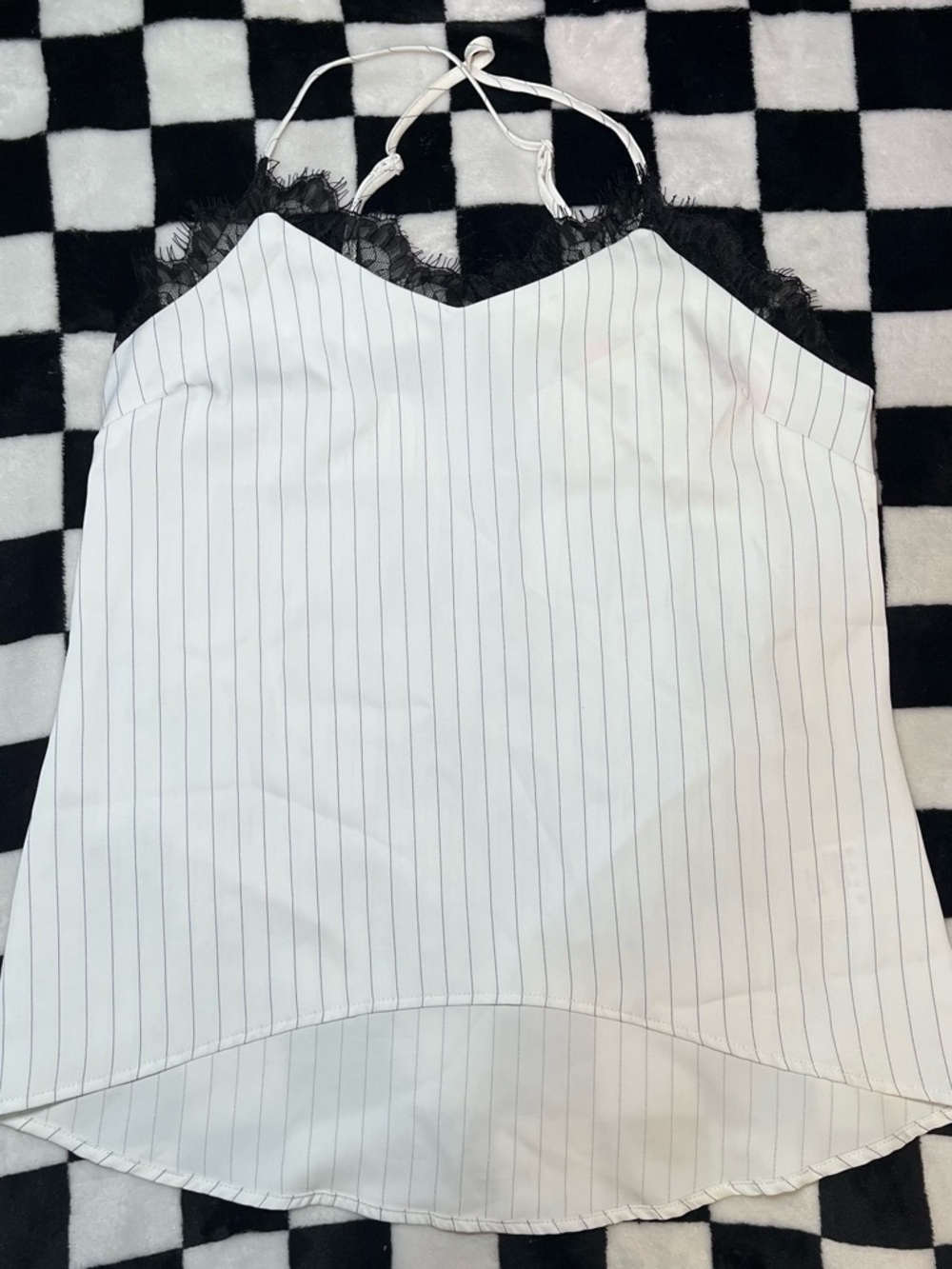 White Pinstripe Black Lace-Trim Cami Top - Women Intimates